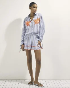 White Striped Palm Embellished Beach Shirt