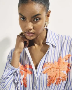 White Striped Palm Embellished Beach Shirt