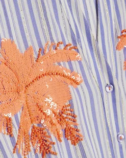 White Striped Palm Embellished Beach Shirt