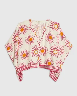 White Sun Print V-Neck Button Down Blouse