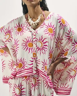 White Sun Print V-Neck Button Down Blouse