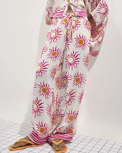 White Sun Print Wide Leg Beach Trousers