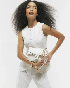 White Tab Front Chain Strap Shoulder Bag