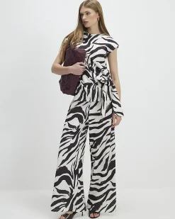 White Zebra Print Wide Leg Trousers