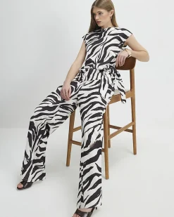 White Zebra Print Wide Leg Trousers