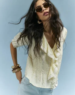 Yellow Cotton blend Floral Frill Trim Blouse