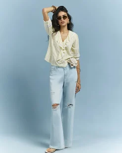 Yellow Cotton blend Floral Frill Trim Blouse
