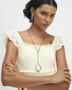 Yellow Cotton Sleeveless Shirred Broderie Top