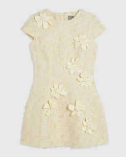 Yellow 3D Flower Boucle Mini Dress