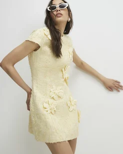 Yellow 3D Flower Boucle Mini Dress