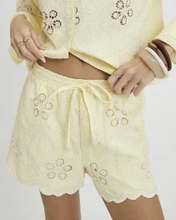 Yellow Embroidered Crochet Shorts