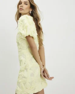Yellow Puff Sleeve 3D Floral Mini Dress