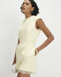 Yellow Short Sleeve Lace Trim Playsuit