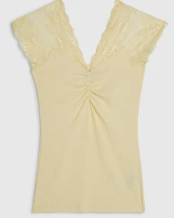 Yellow Short Sleeve Lace Trim Ruched Top