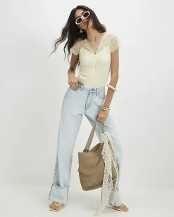 Yellow Short Sleeve Lace Trim Ruched Top