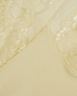 Yellow Short Sleeve Lace Trim Ruched Top