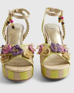 Yellow Stripe Raffia Flower Platform Sandals