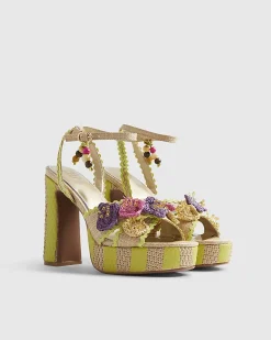 Yellow Stripe Raffia Flower Platform Sandals