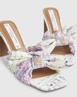 Yellow Twist Plisse Floral Heeled Mules
